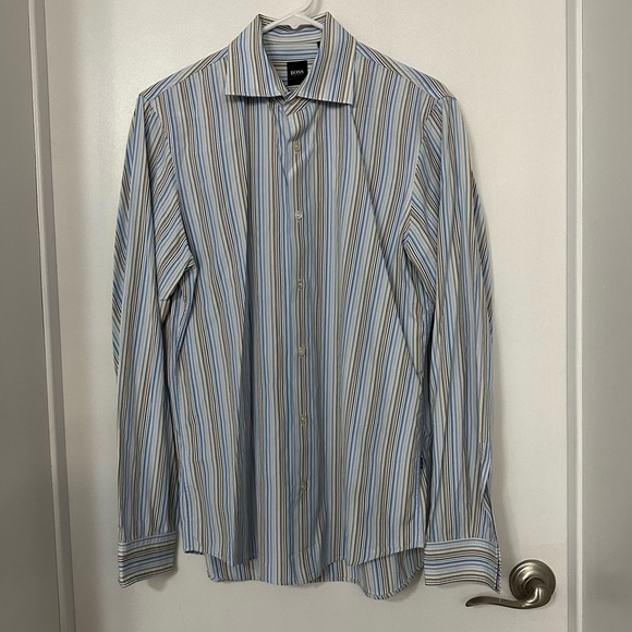 BOSS Hugo Boss Men's Blue and Gold Striped Button Down Shirt - Picture 1 of 3